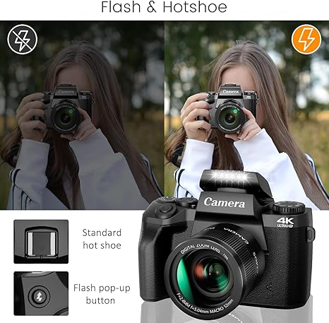 Saneen Digital Camera, 4k Cameras for Photography & Video, 64MP WiFi Touch Screen Vlogging Camera for YouTube with Flash, 32GB Card, Lens Hood, 3000mAH Battery, Front and Rear Cameras - Black - Image 2
